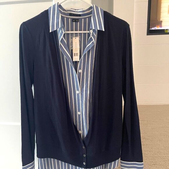 Theory Tops - THEORY Beautiful, Rare Double Layer Navy Collared Sweater Sz M NWT $275!!